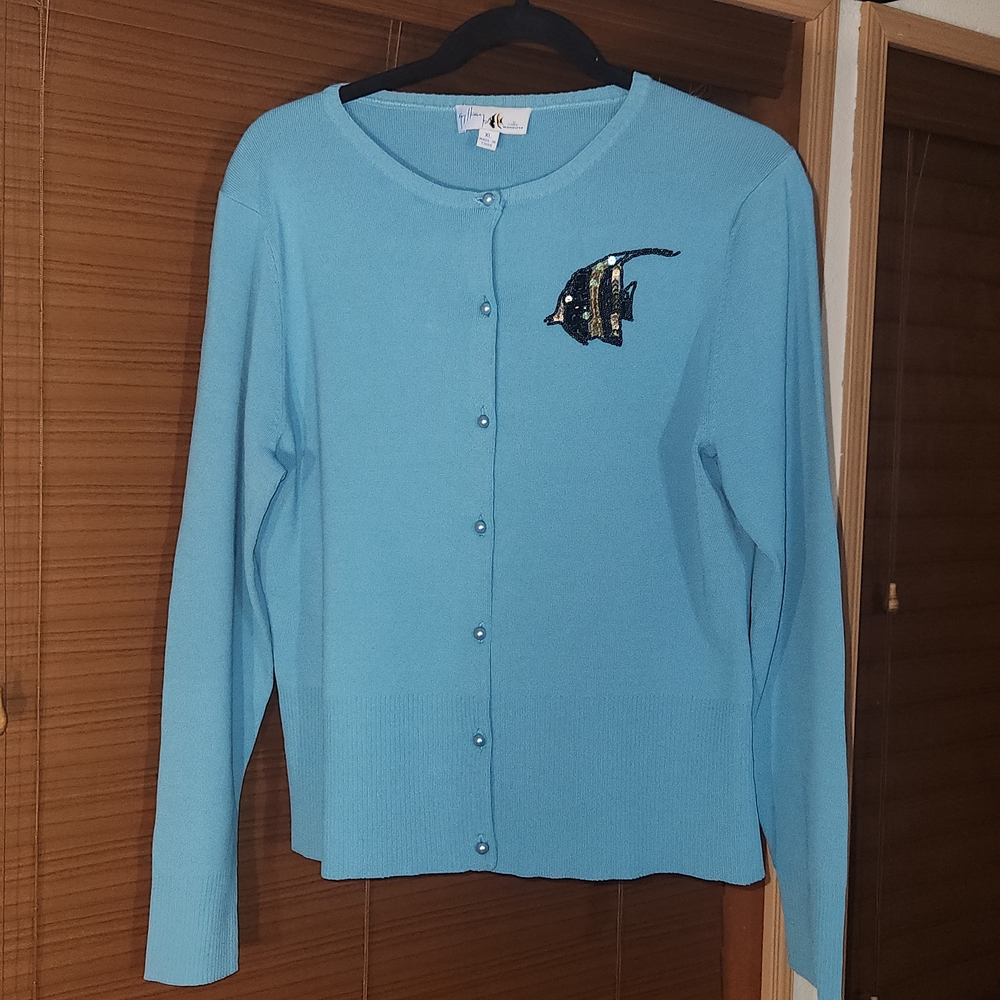 ⭐️Vintage Guy Harvey Blue Cardigan Sweater Beaded Fish Embroidery Knit XL Y2K 